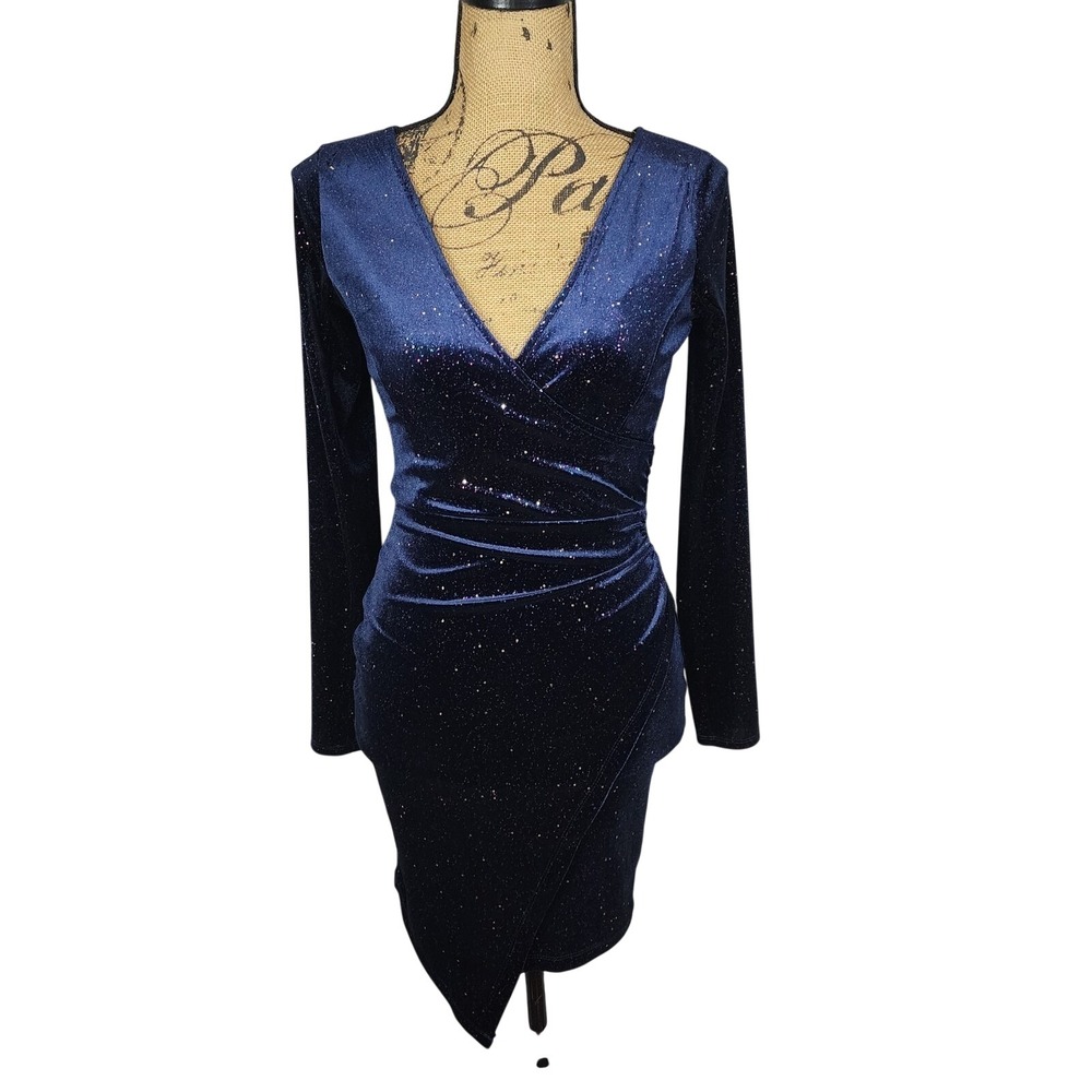 HONEY & ROSIE Size XS Asymmetrical Blue Velvet Metallic Shimmer Sheath Dress